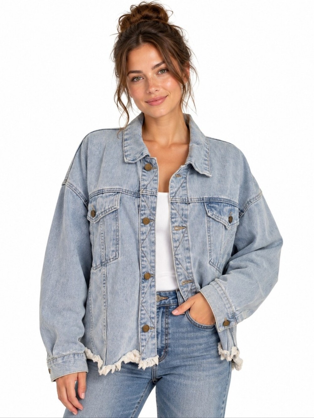 Heyson Denim Jacket Size L Light Wash Oversized Raw Frayed Hem Cotton